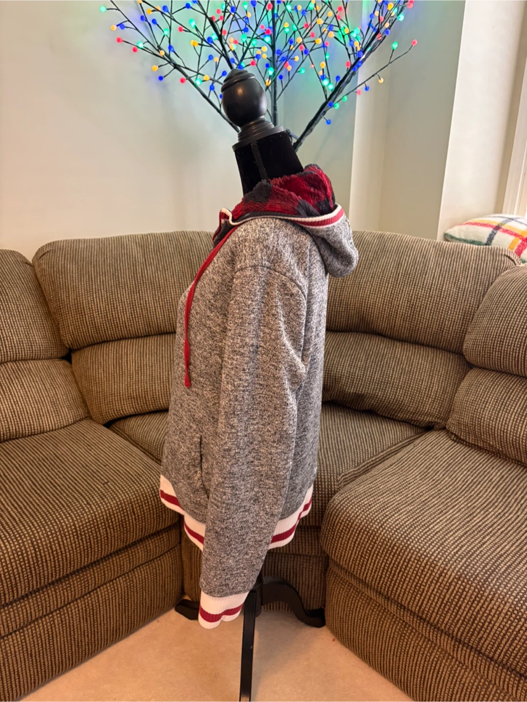 ✨✨Grey Zip-Up Hoodie with Plaid & Faux Fur Trim - photo 4