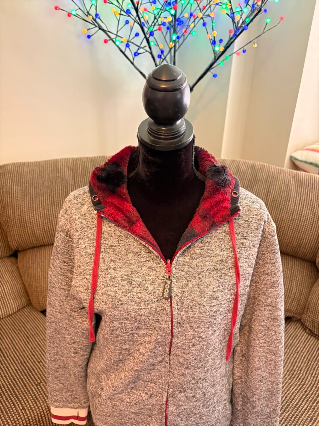 ✨✨Grey Zip-Up Hoodie with Plaid & Faux Fur Trim - photo 5