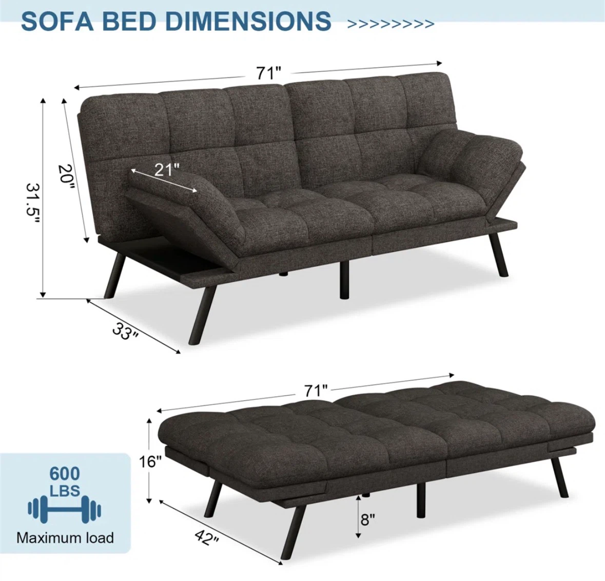 Love seat Futon Sofa Bed - 71" Length - photo 4