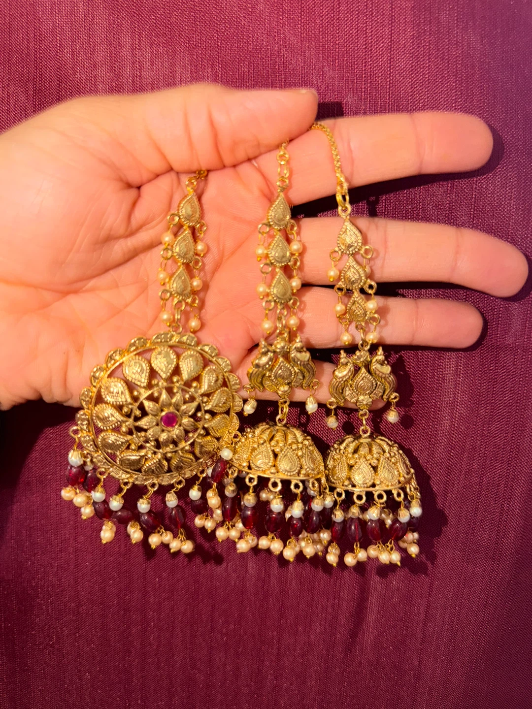 Gold Tone Indian Earrings with Red and Pearl Accents