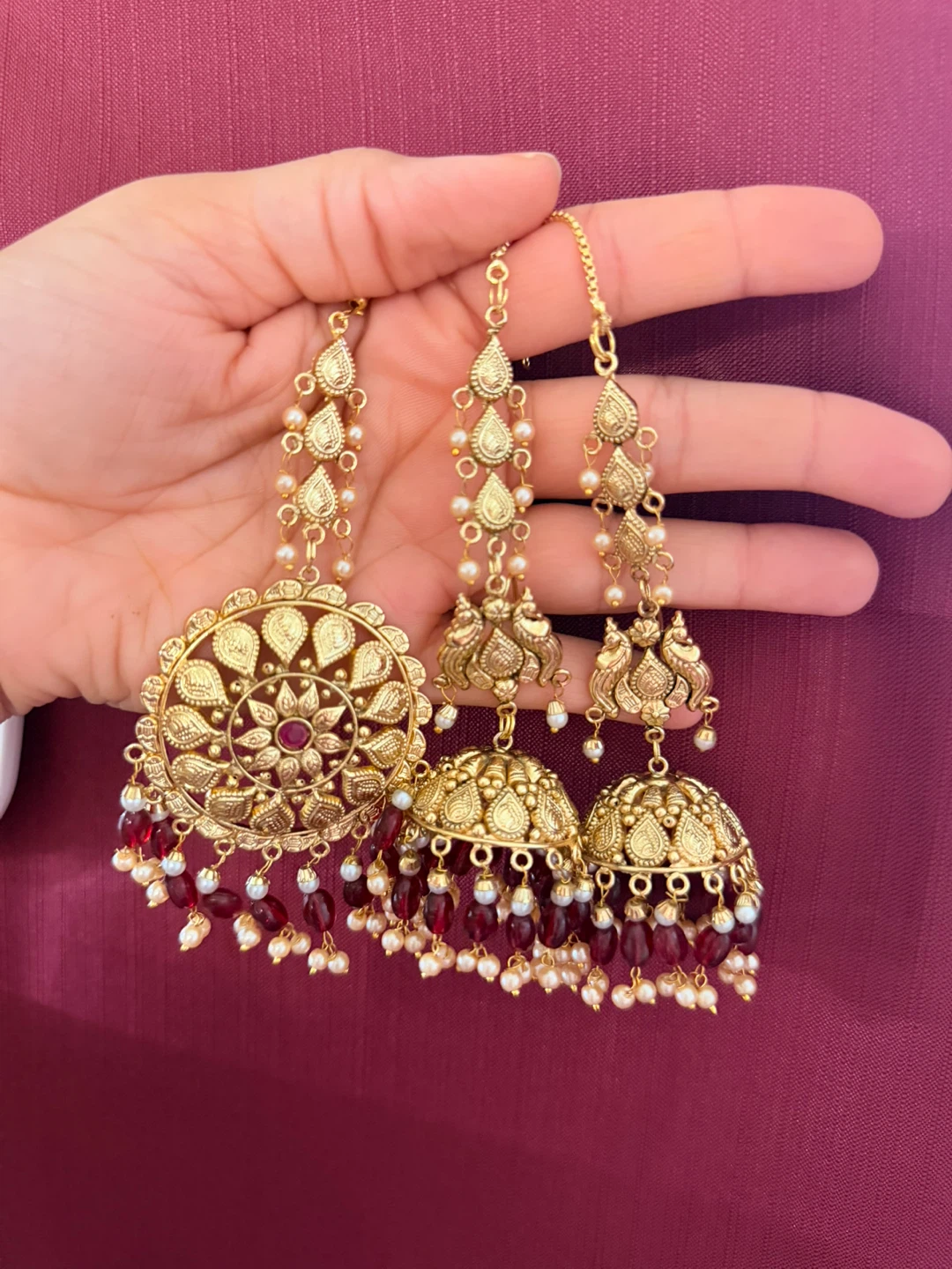 Gold Tone Indian Earrings with Red and Pearl Accents - photo 2