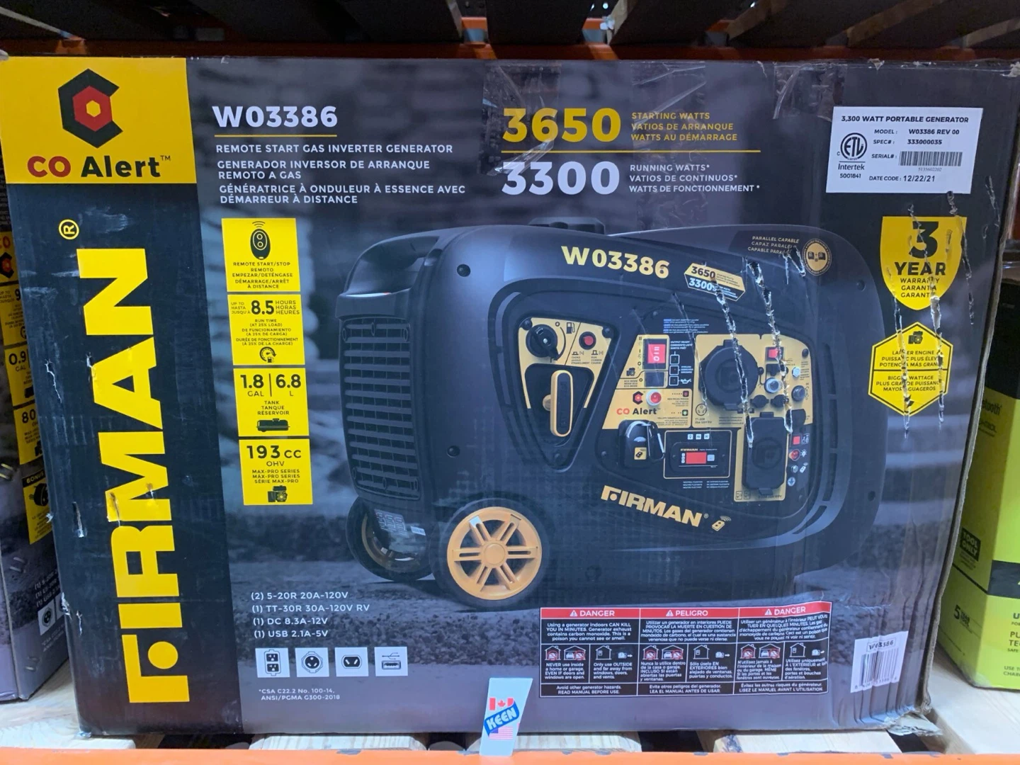 Firman W03386 Remote Start Gas Inverter Generator