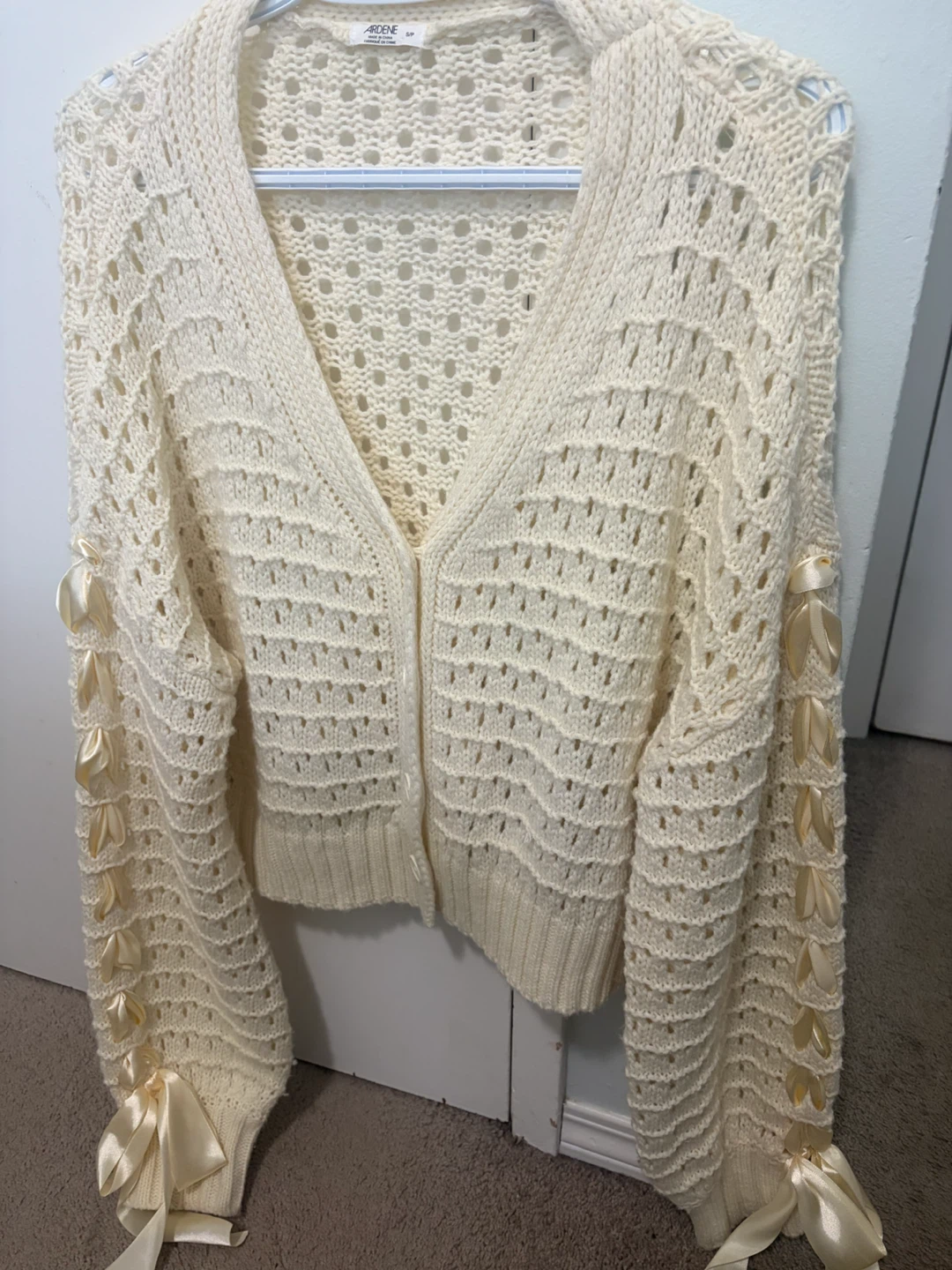 Cream Crochet Cardigan with Bow Detail