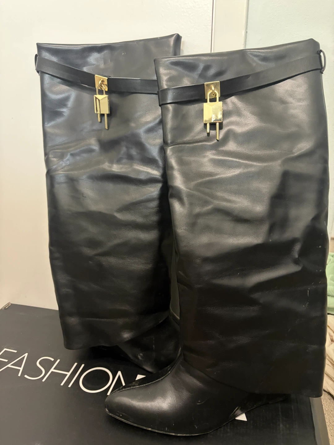Black Leather Tall Boots with Gold Lock Detail