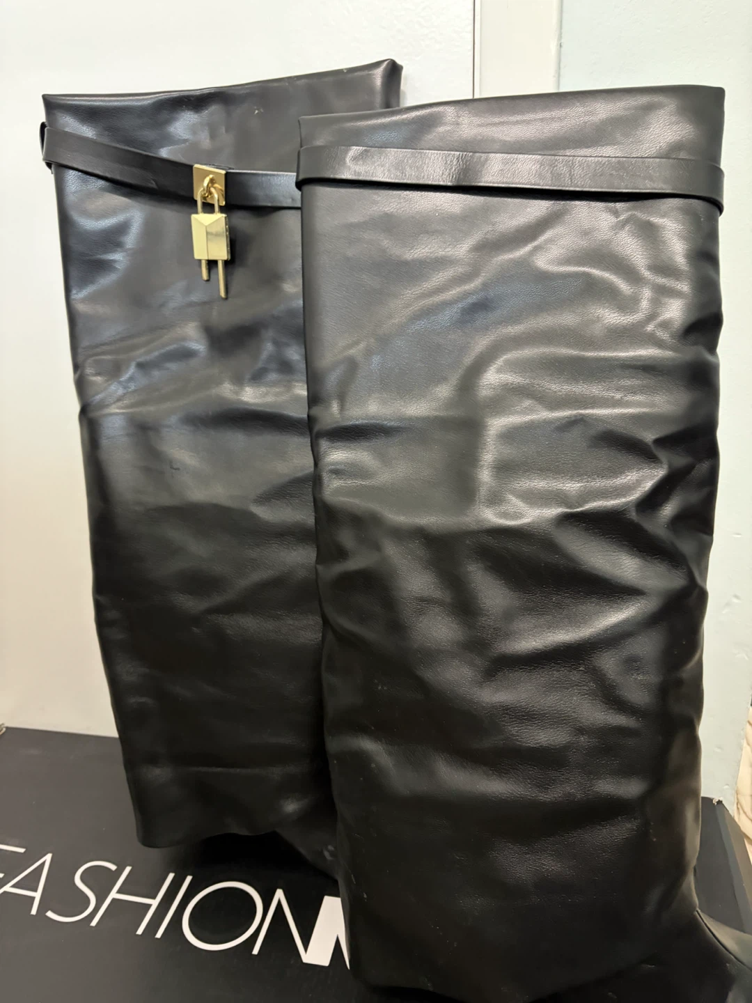 Black Leather Tall Boots with Gold Lock Detail - photo 2