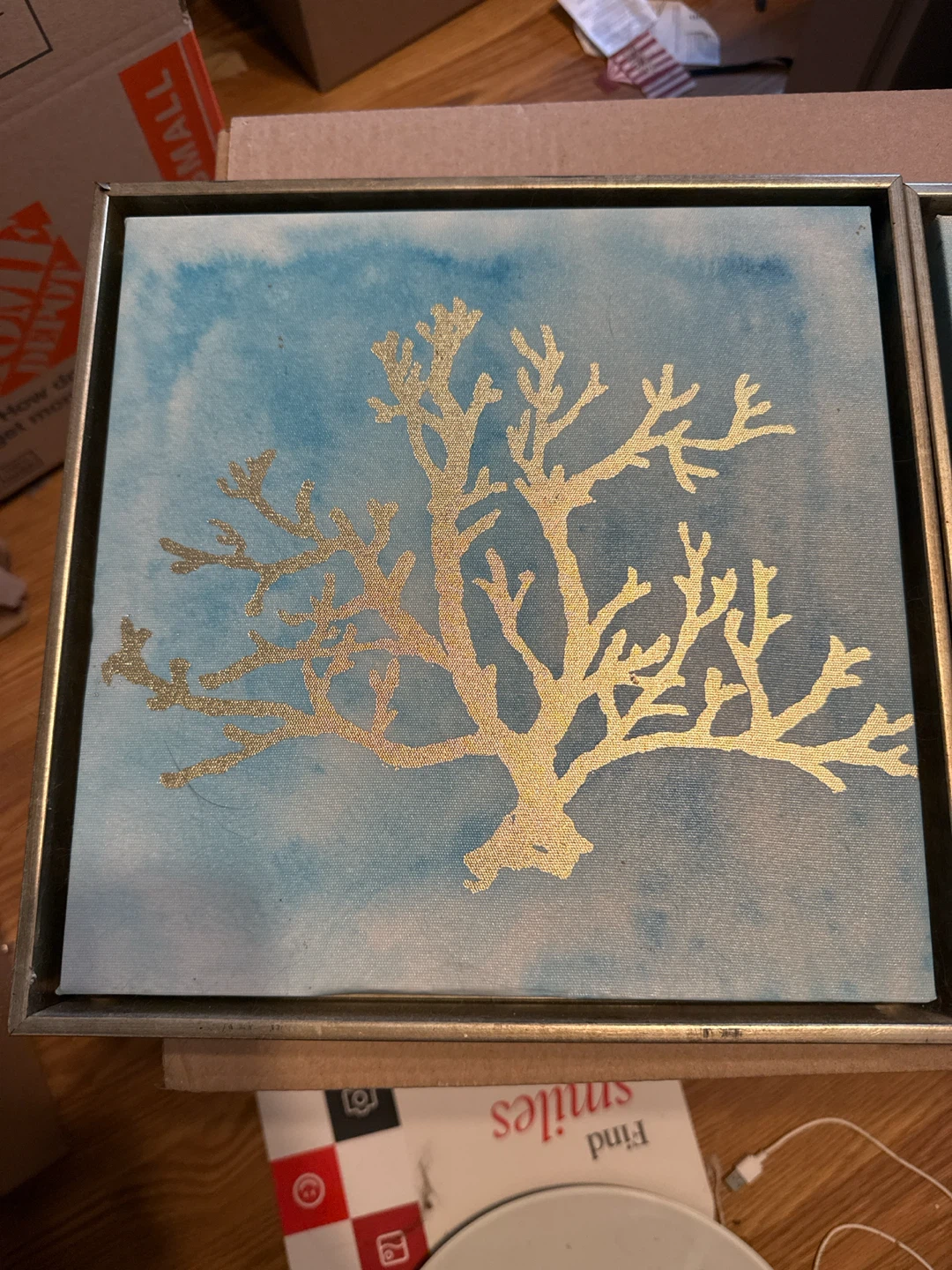 Set of 2 Canvas Wall Art Prints Gold Coral - photo 2
