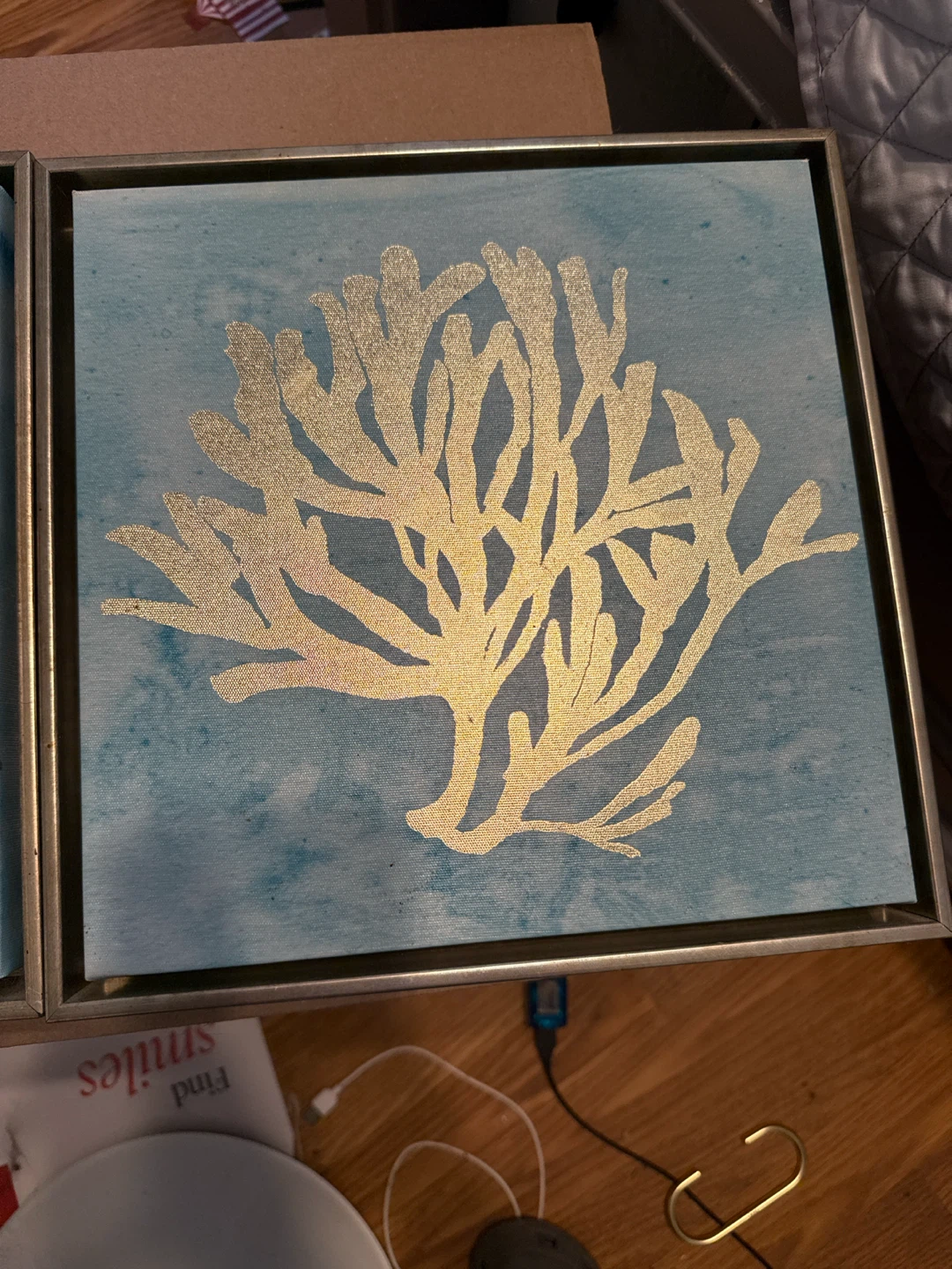Set of 2 Canvas Wall Art Prints Gold Coral - photo 3