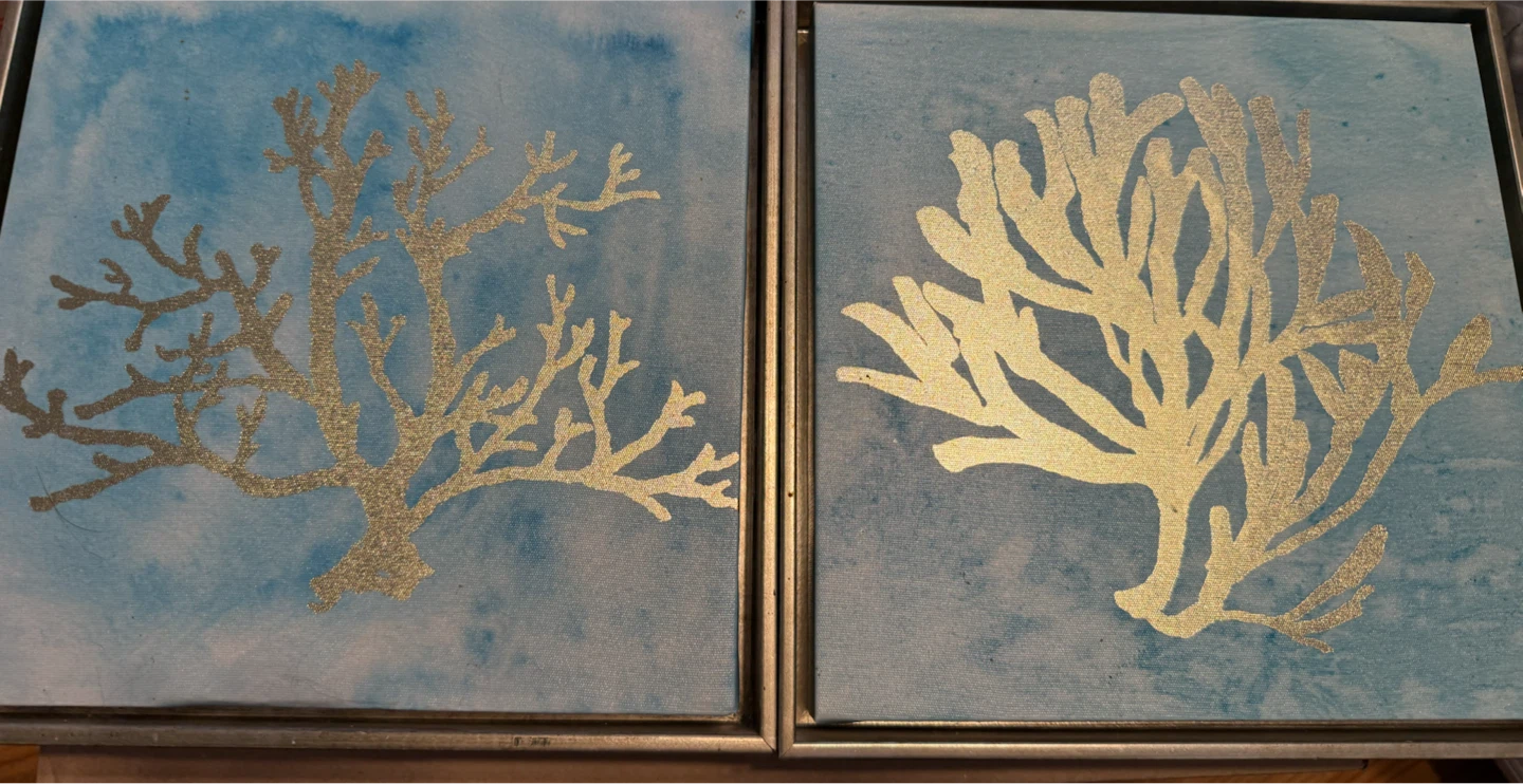 Set of 2 Canvas Wall Art Prints Gold Coral
