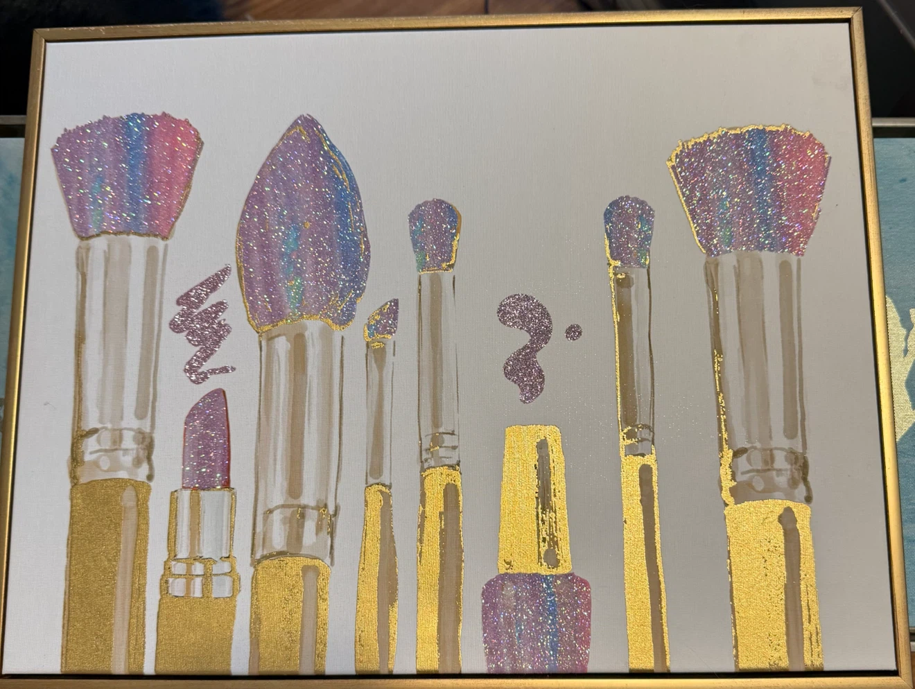 Sparkly Makeup Brush and Lipstick Canvas Art