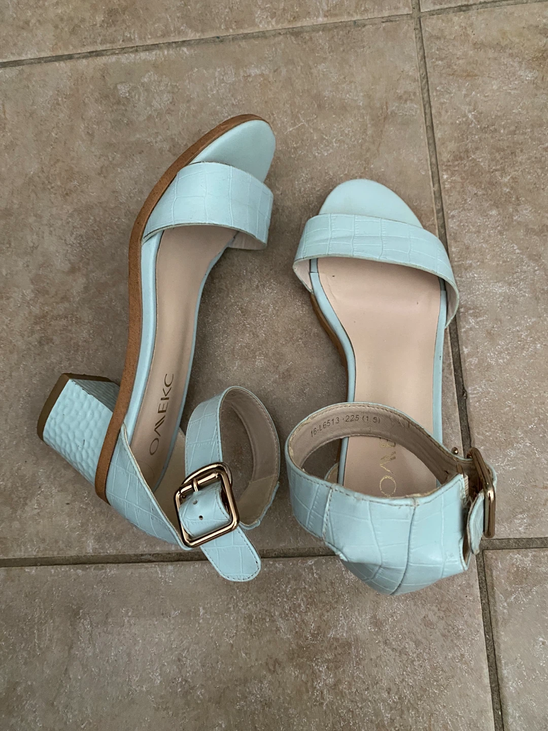 Light Blue Croc-Embossed Block Heel Sandals