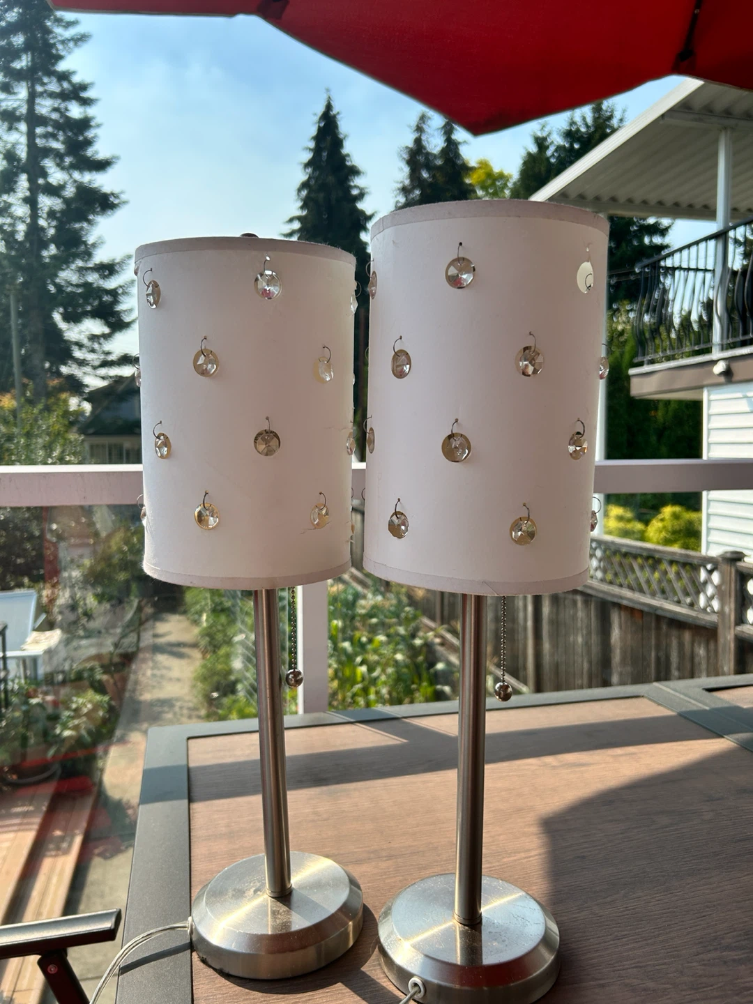 Pair of White Table Lamps with Crystals