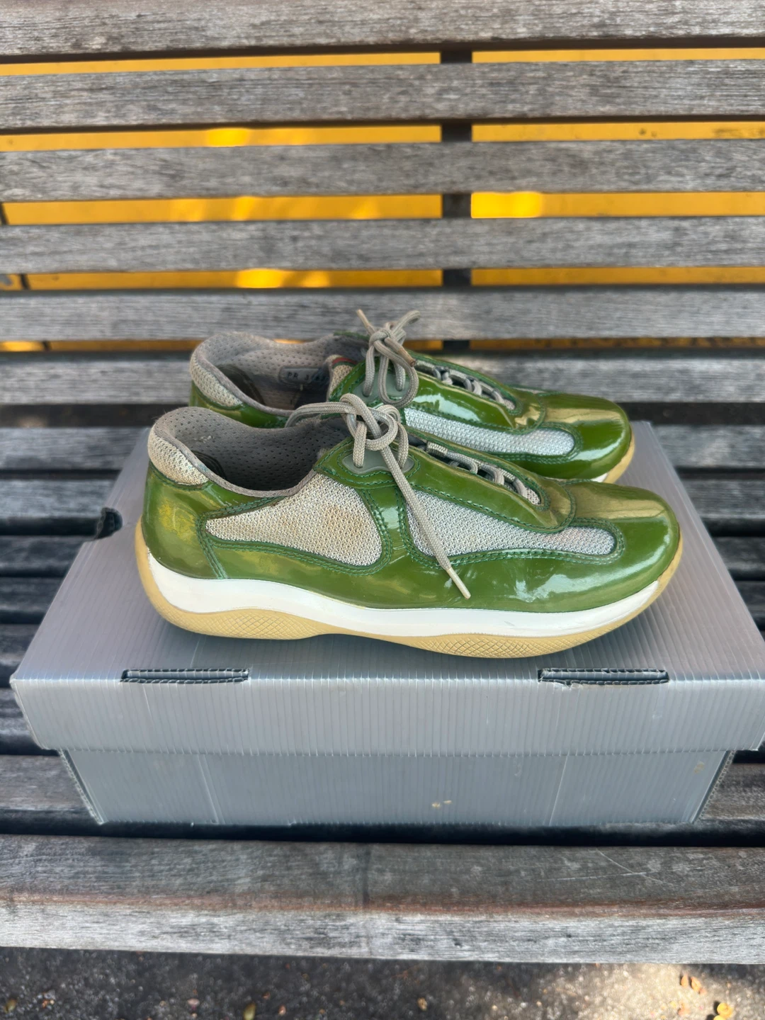 Prada Green Patent Leather & Mesh Sneakers