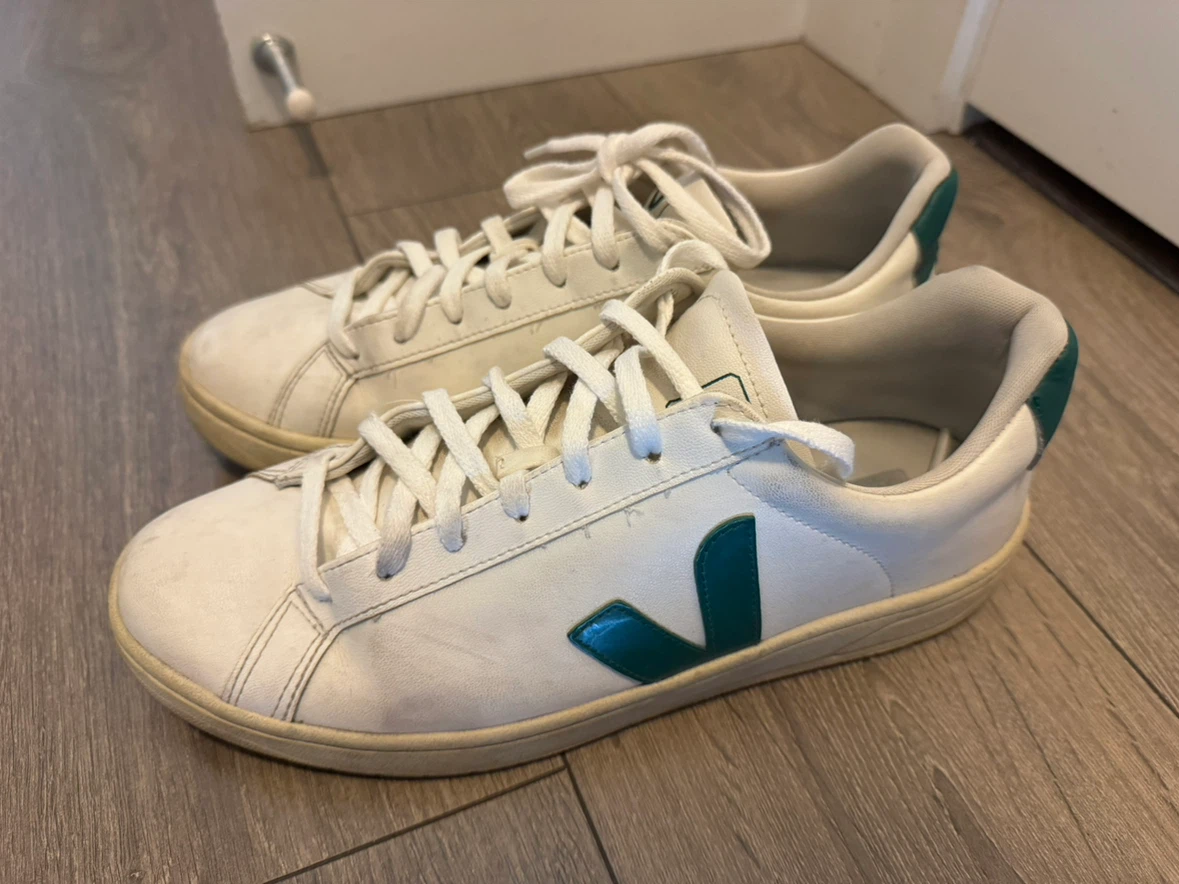 Veja White and Green suede Velcro Sneakers US size 10.5