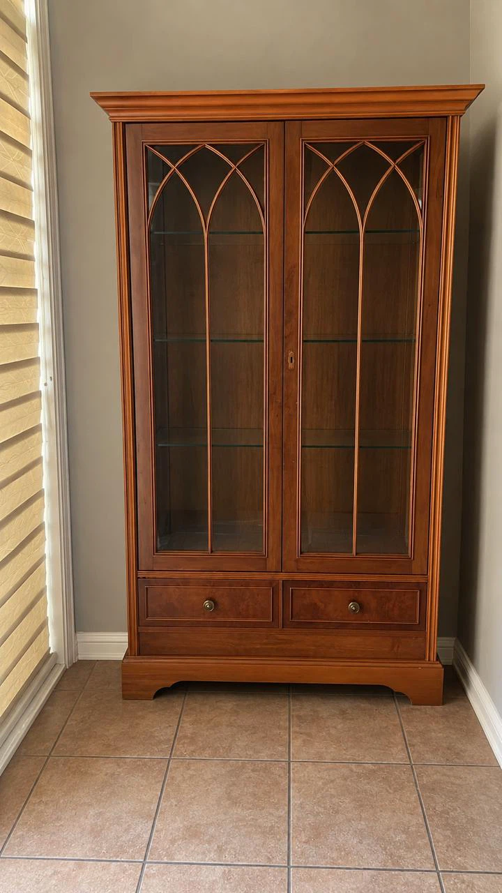 Wooden Display Cabinet with Glass Doors and Drawers