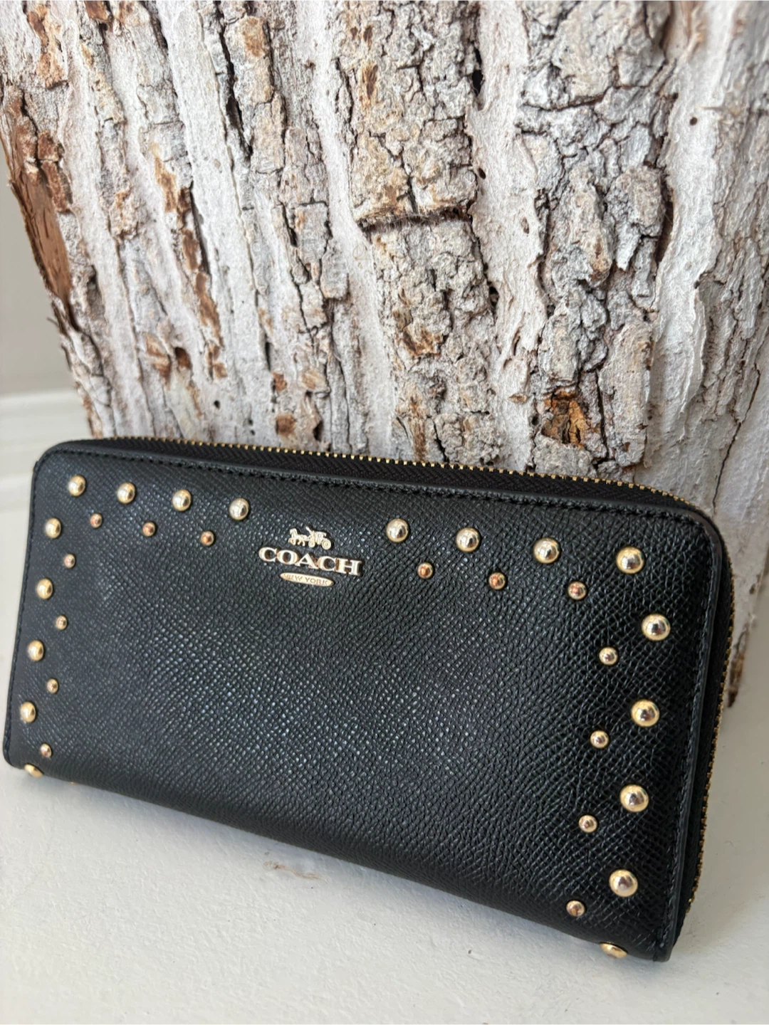Coach Black Leather Studded Zip Around Wallet