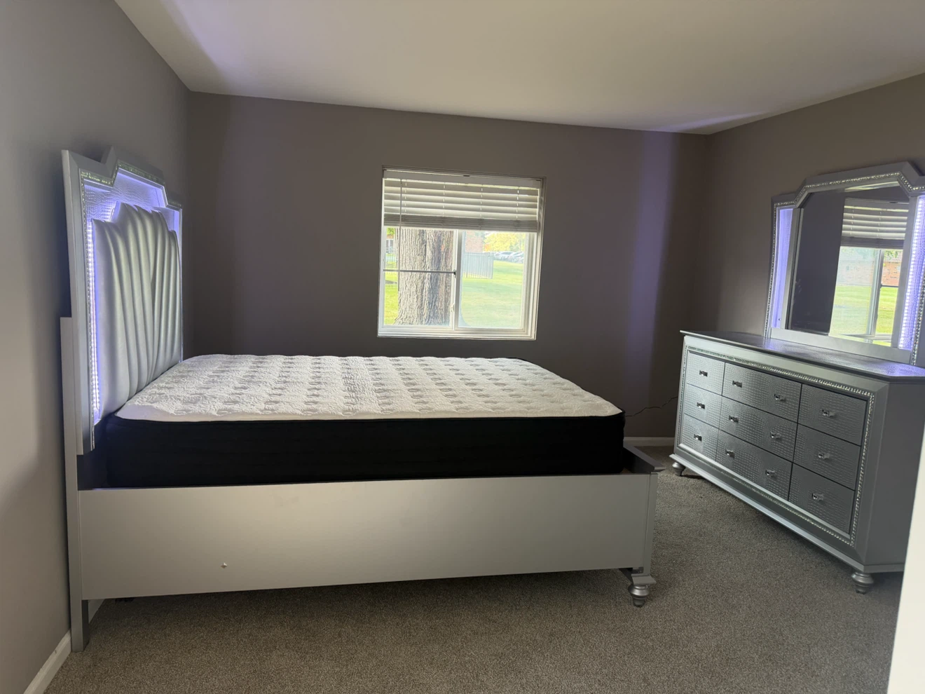 Silver Queen Bed Frame with Drawers and LED Headboard
