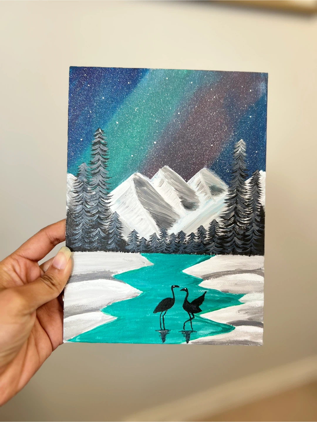 Acrylic Painting: Northern Lights and Cranes