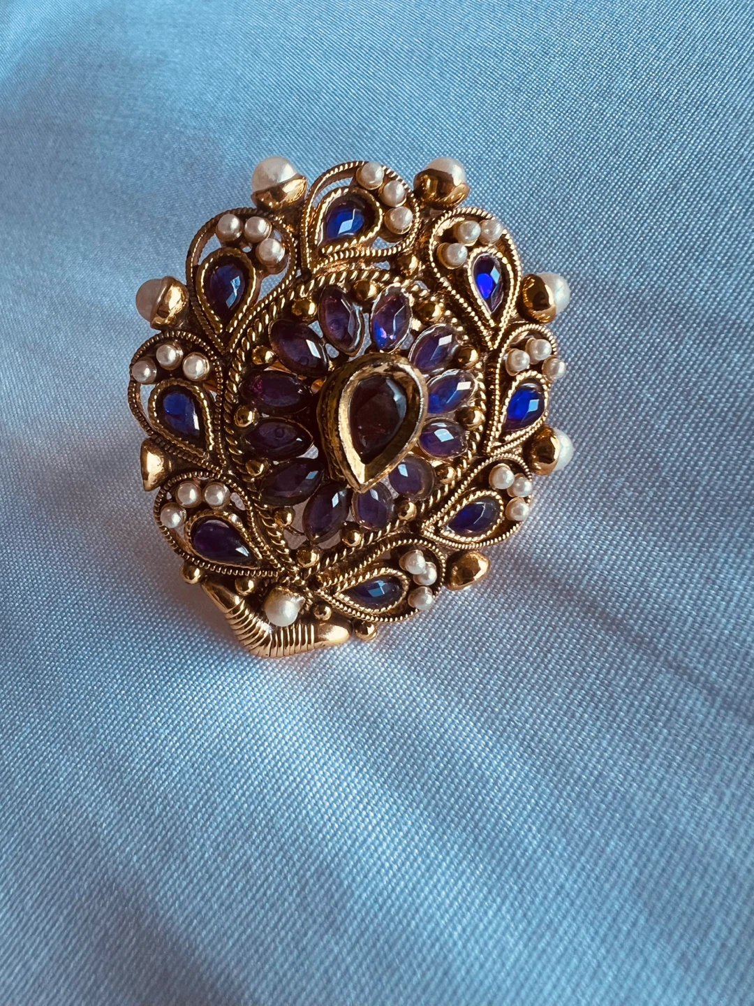 Gold-tone Statement Ring with Purple and Blue Gems