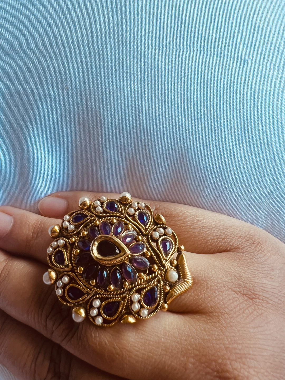 Gold-tone Statement Ring with Purple and Blue Gems - photo 2
