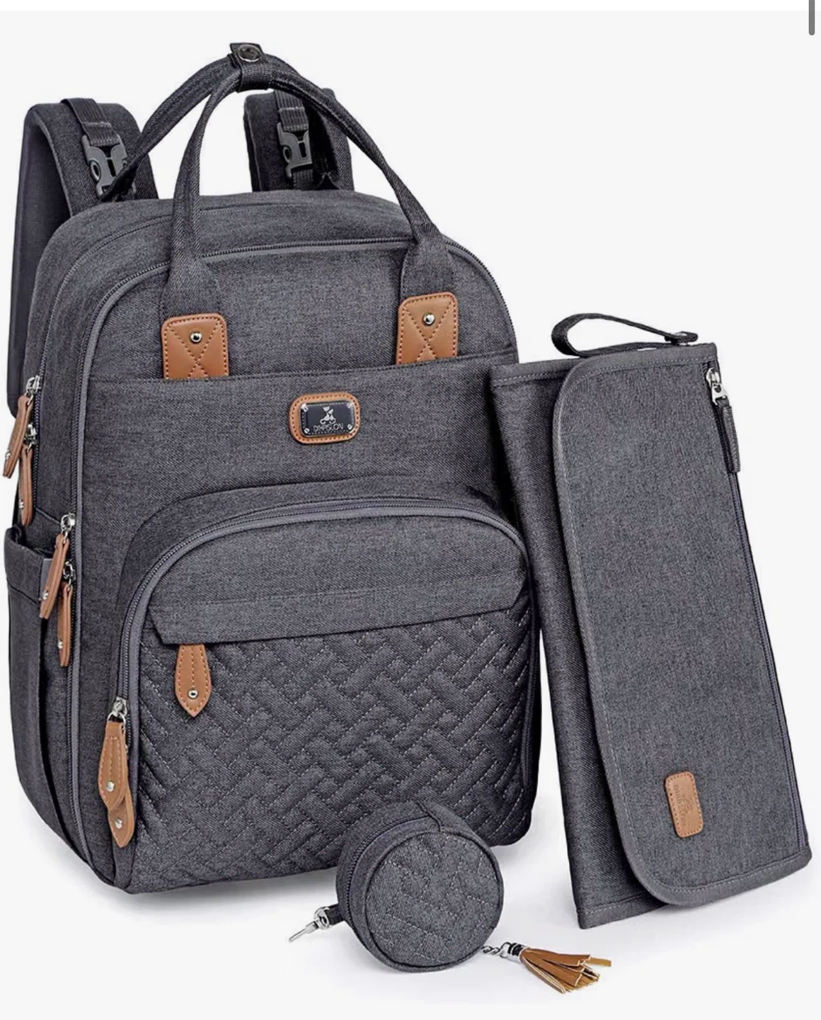 Grey Diaper Bag Backpack with Changing Pad & Pacifier Case