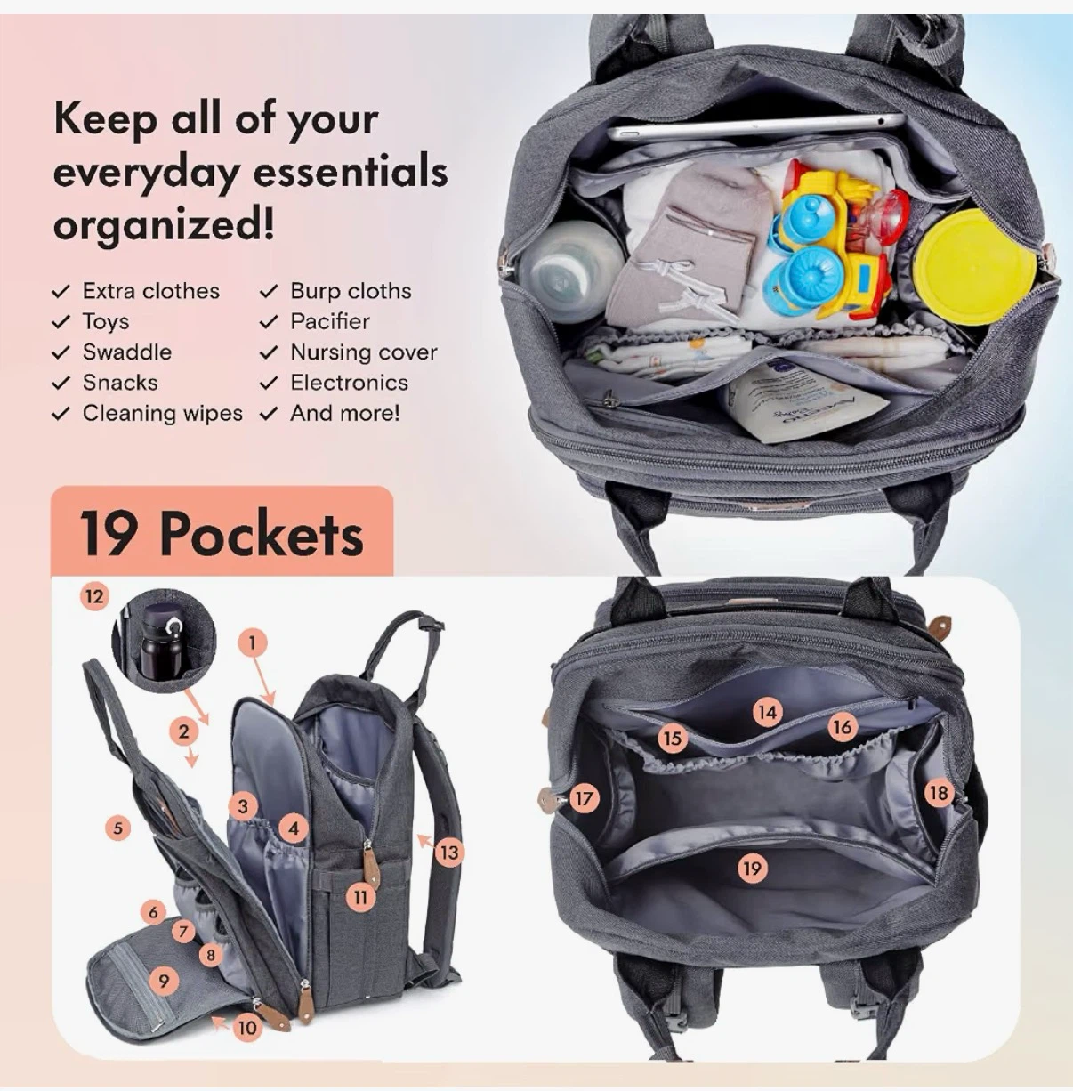 Grey Diaper Bag Backpack with Changing Pad & Pacifier Case - photo 2