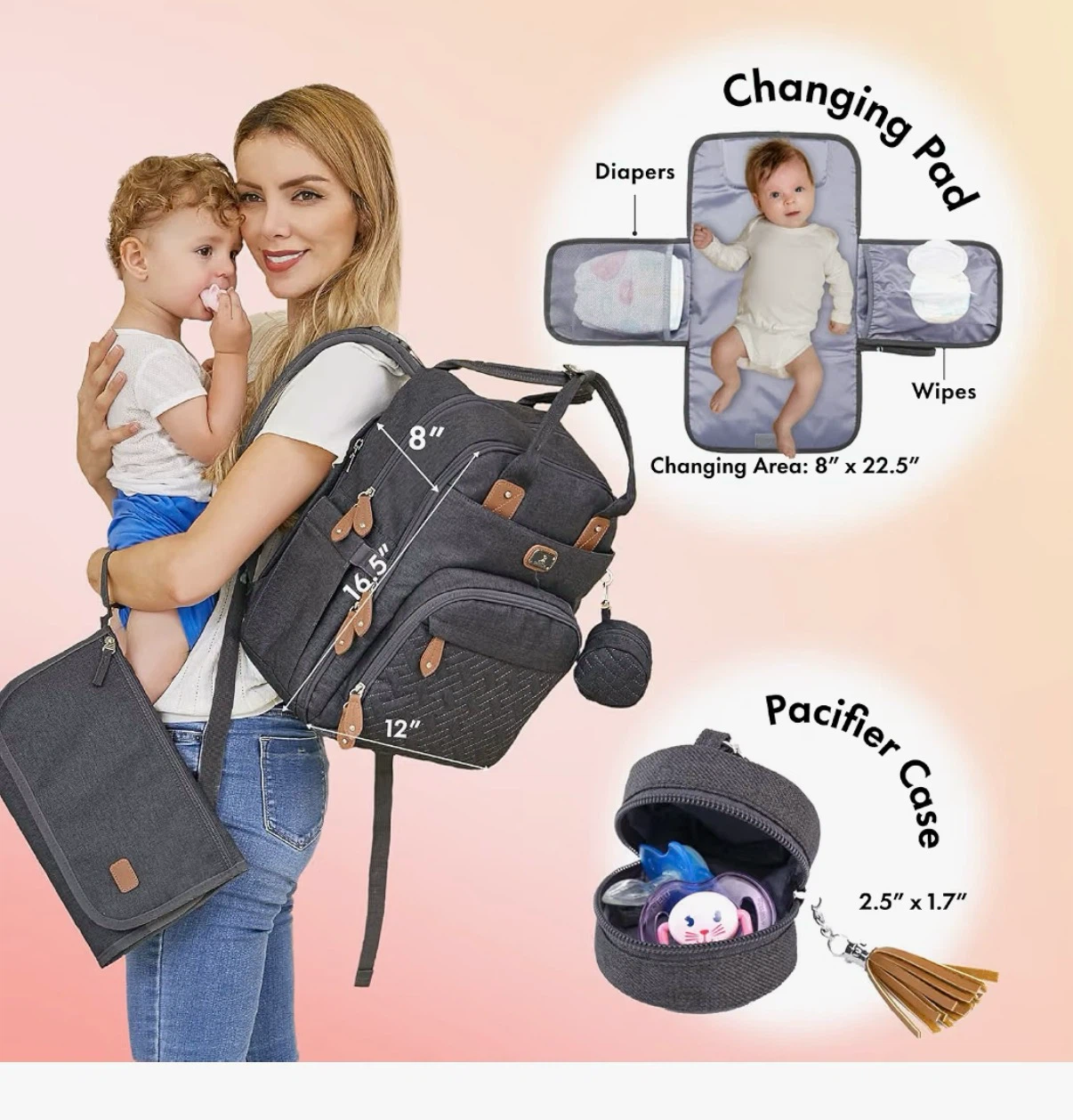 Grey Diaper Bag Backpack with Changing Pad & Pacifier Case - photo 3