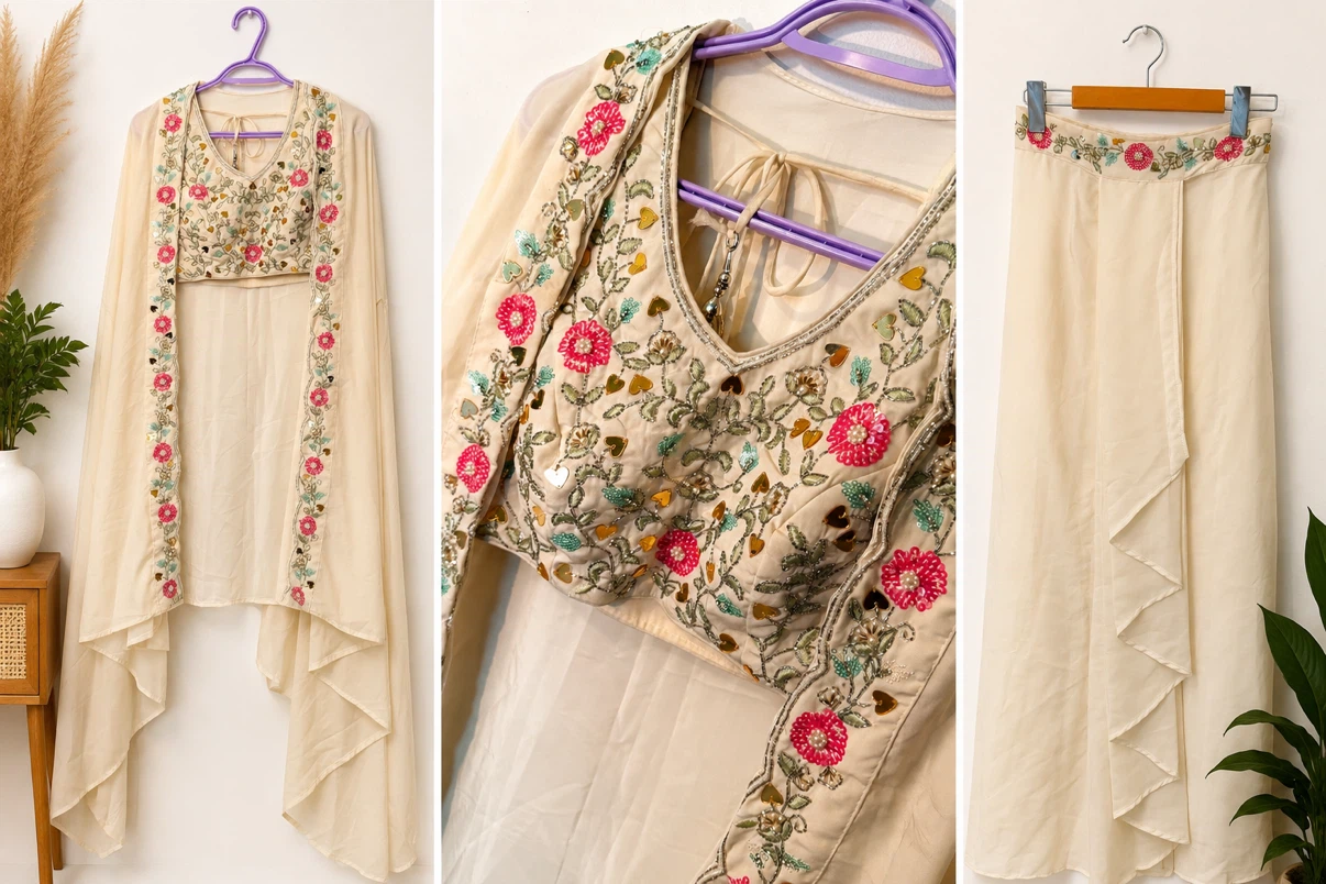 Embroidered Cream Lehenga Choli with Cape