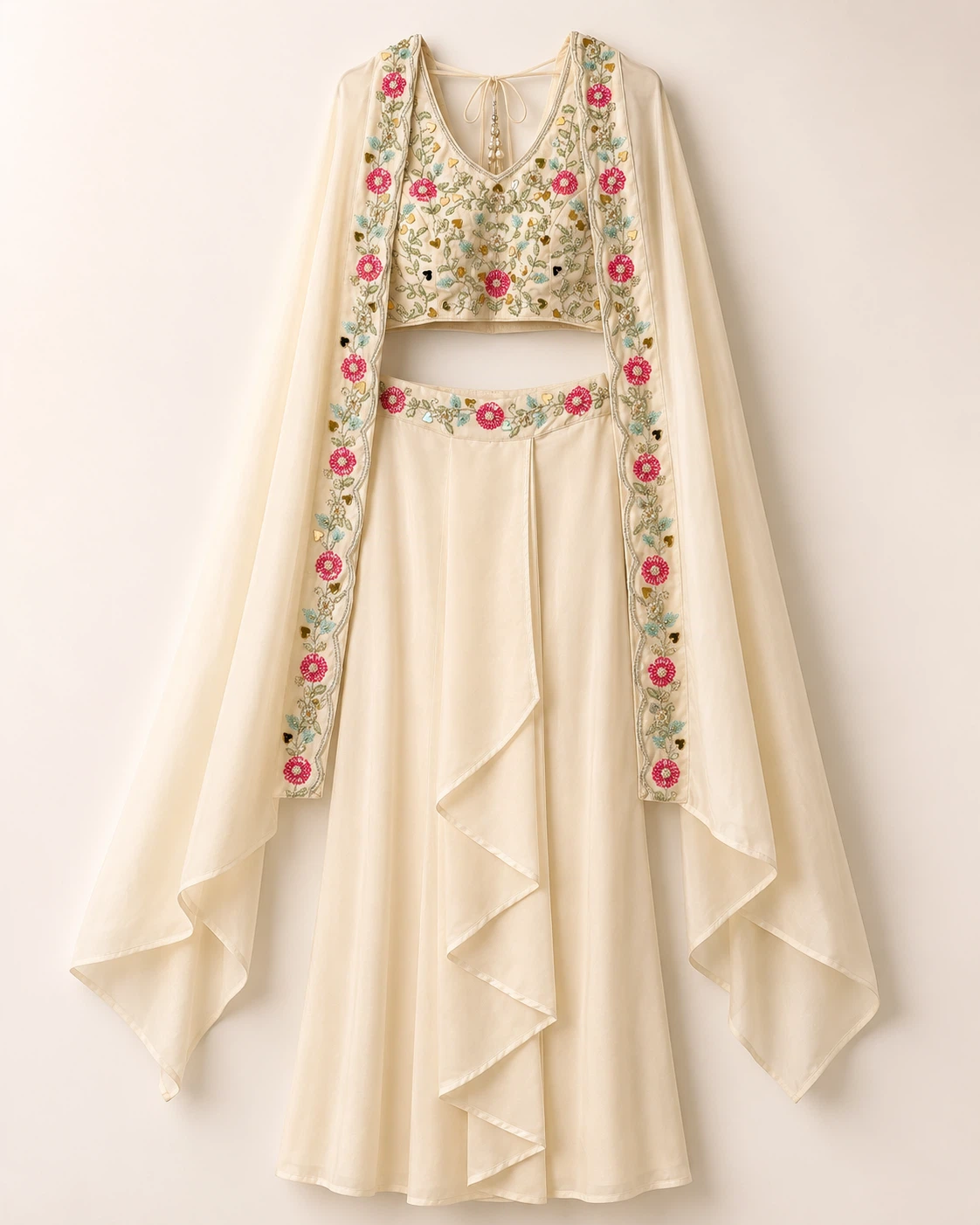 Embroidered Cream Lehenga Choli with Cape - photo 2