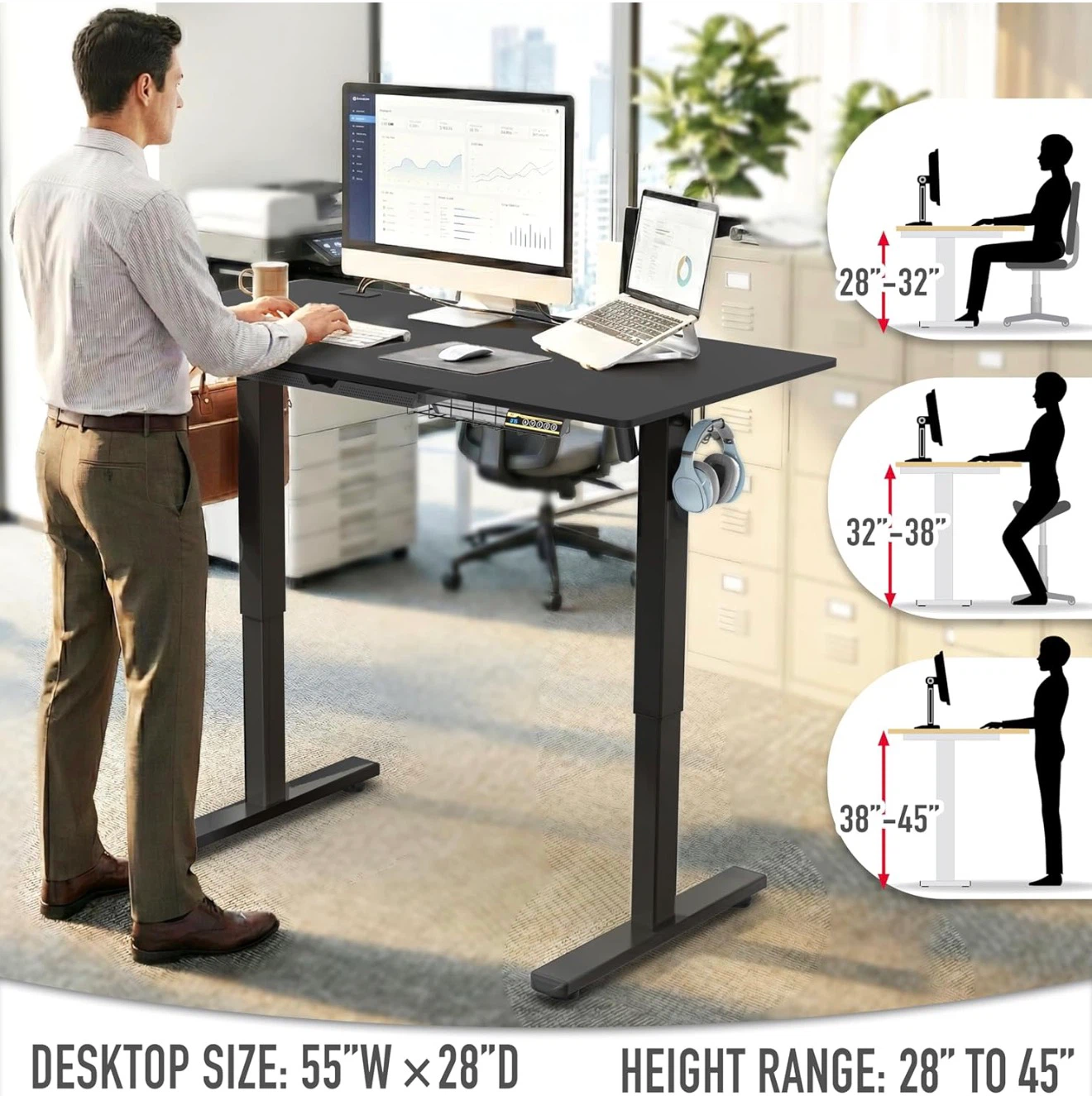 Black Standing Desk with Drawer and Hooks