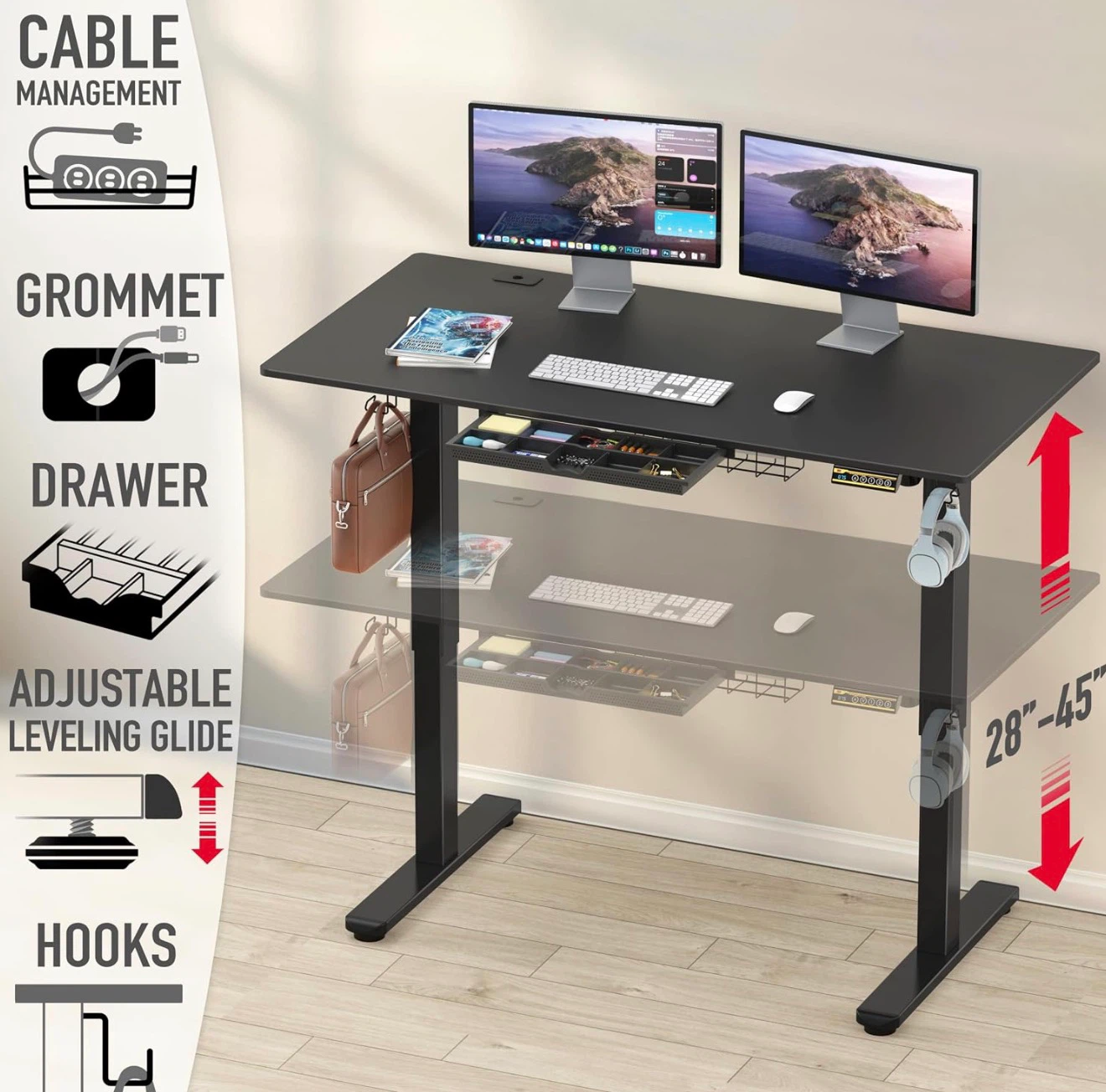 Black Standing Desk with Drawer and Hooks - photo 2