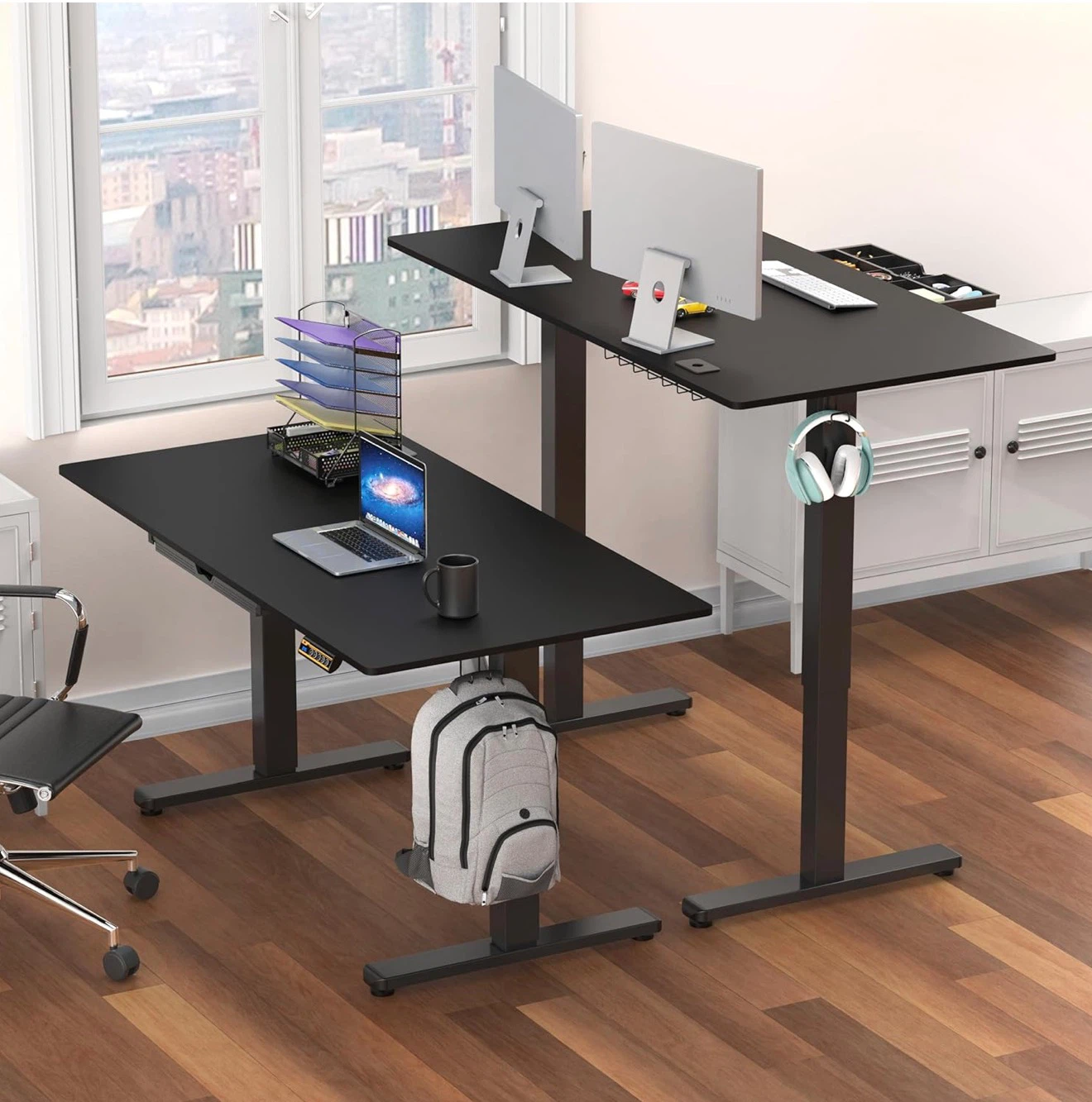 Black Standing Desk with Drawer and Hooks - photo 4