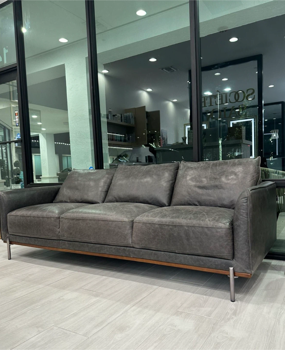 MODANI Gray Leather Three-Seater Sofa