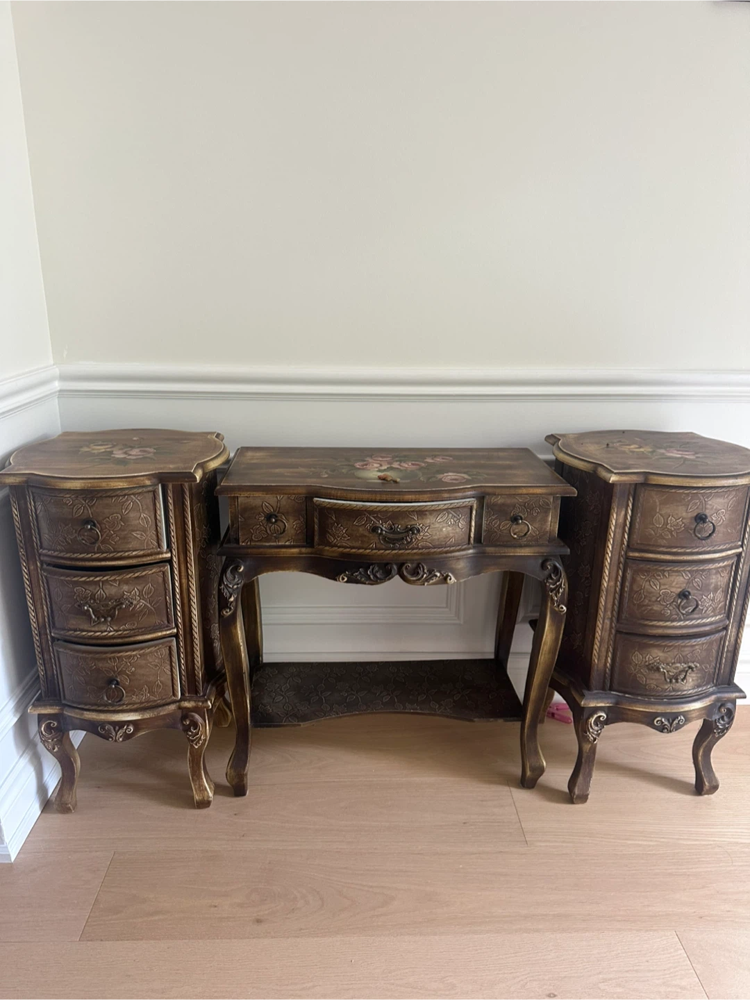 Vintage Painted Floral Dressing Table Set with Drawers