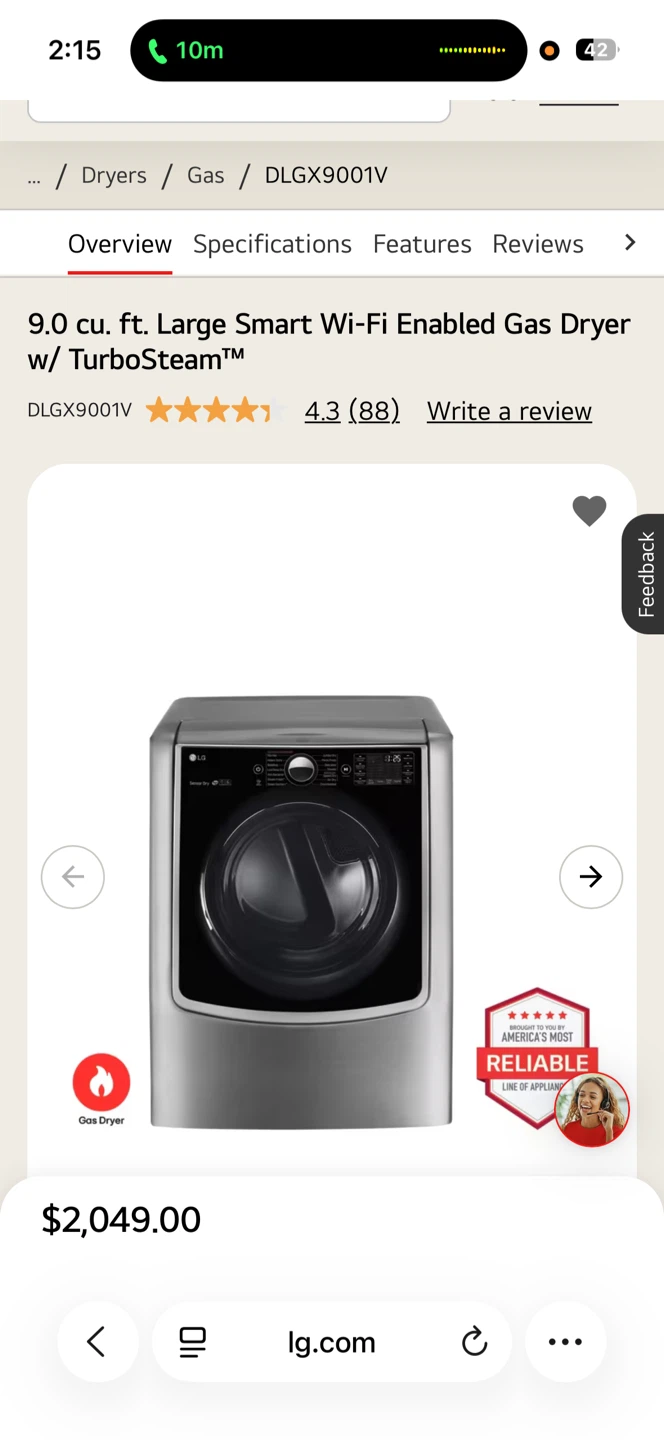 LG DLGX9001V 9.0 cu. ft. Gas Dryer