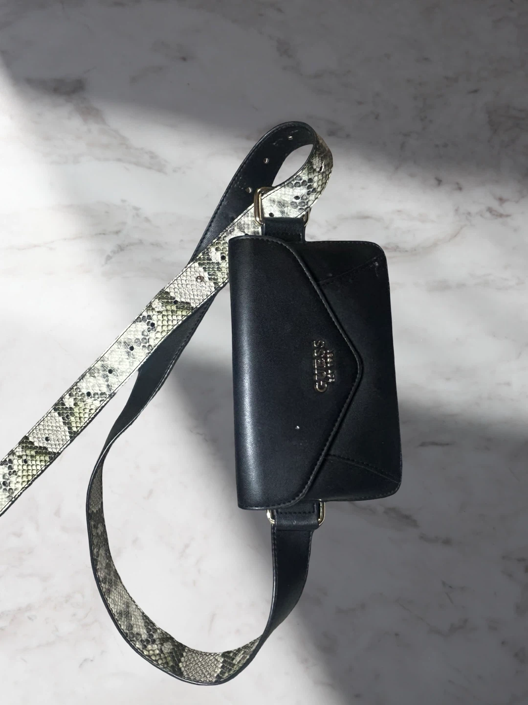 Guess Black Envelope Belt Bag with Snakeskin Strap
