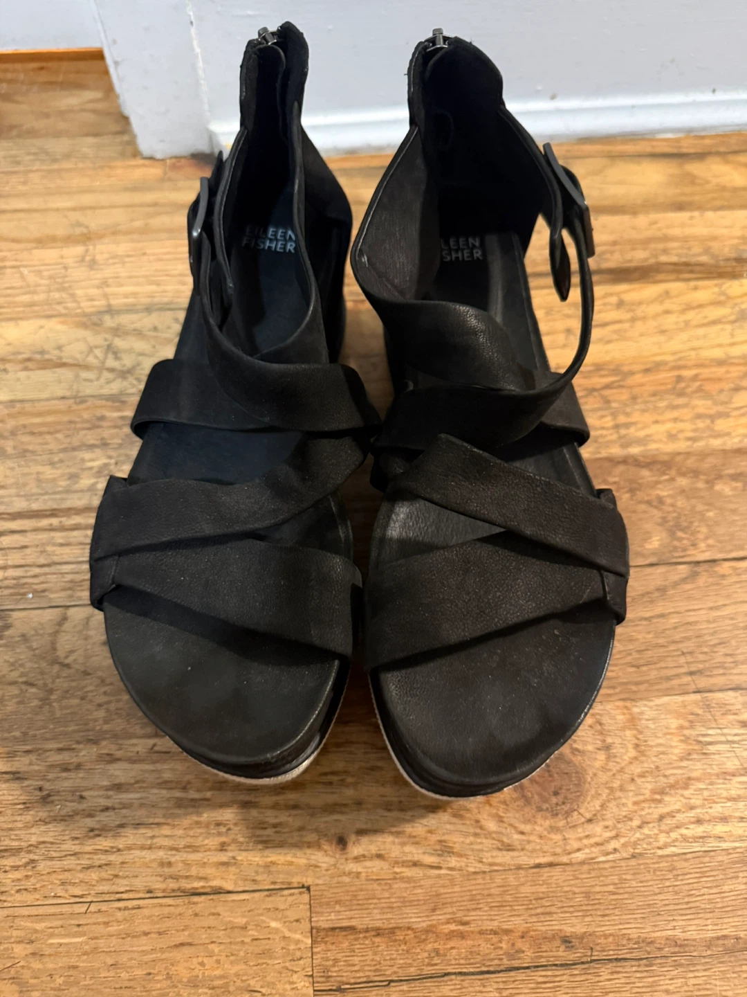 Eileen Fisher Black Wedge Sandals Size 9