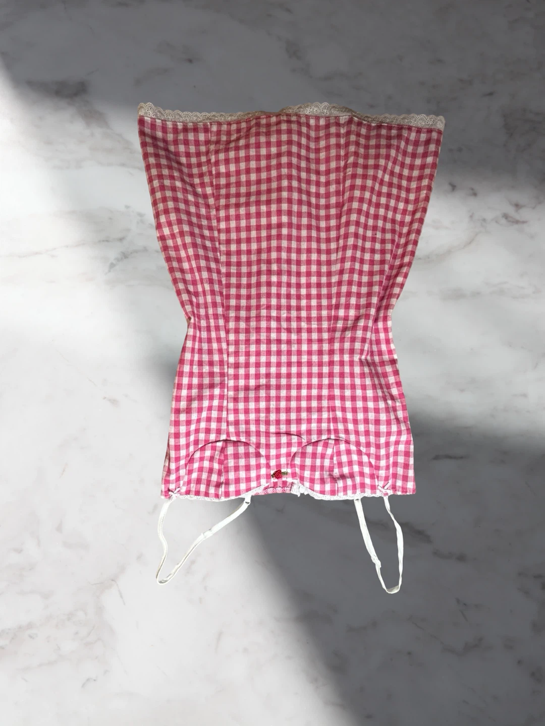 Pink Gingham Babydoll Camisole with Lace Trim