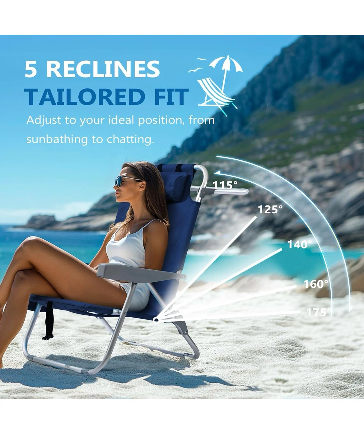 Blue Beach Chair with 5 Reclining Positions - photo 4
