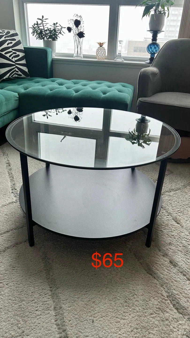Round Glass Coffee Table with Black Frame