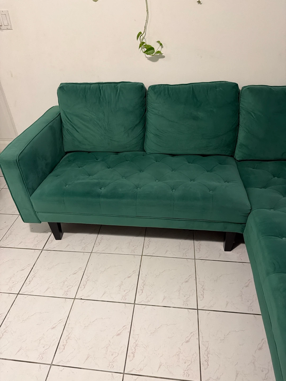 Green Velvet Sectional Sofa with Tufted Cushions - photo 2