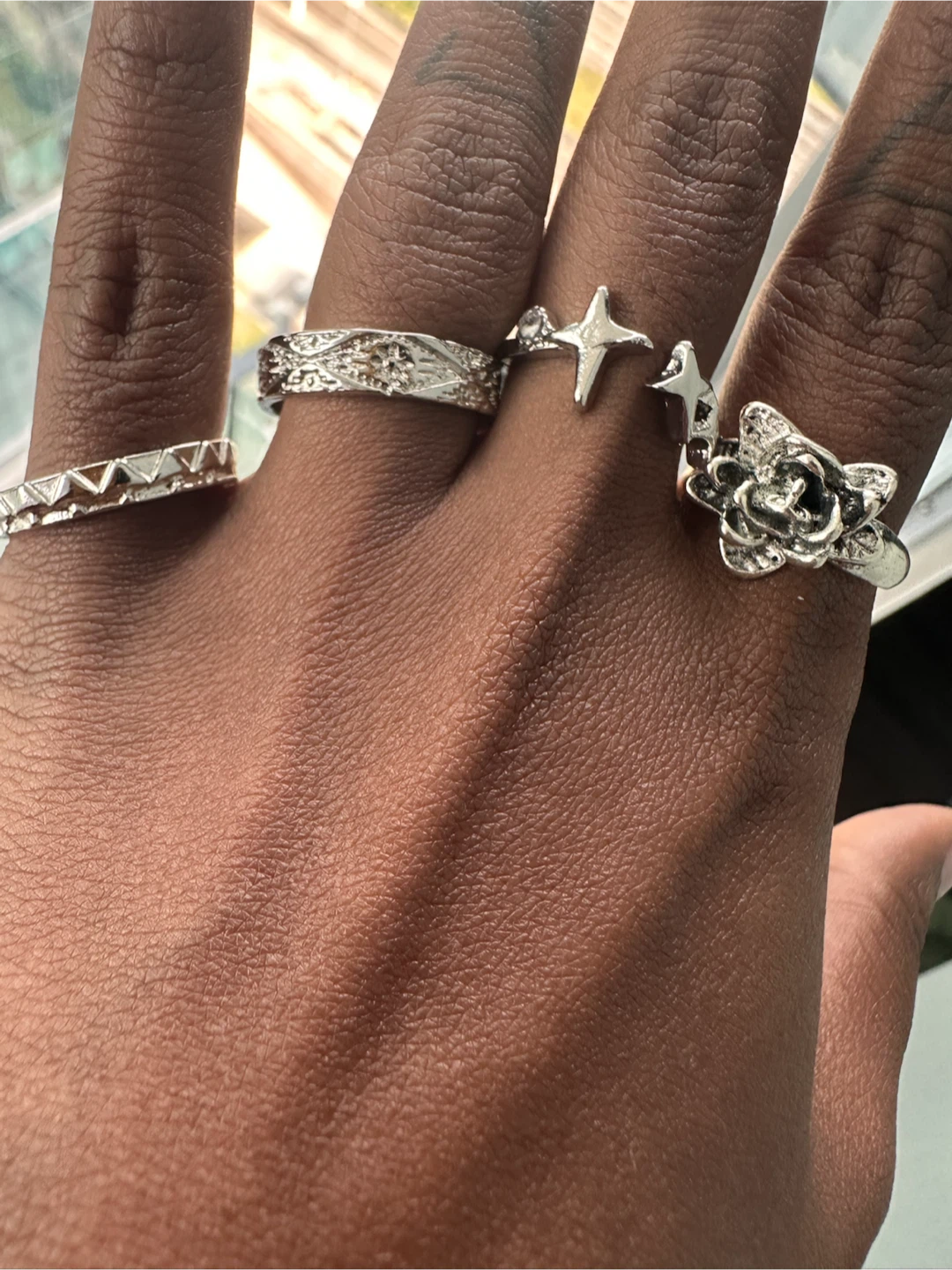Assorted Silver-Tone Rings with Rose and Star Designs - photo 2