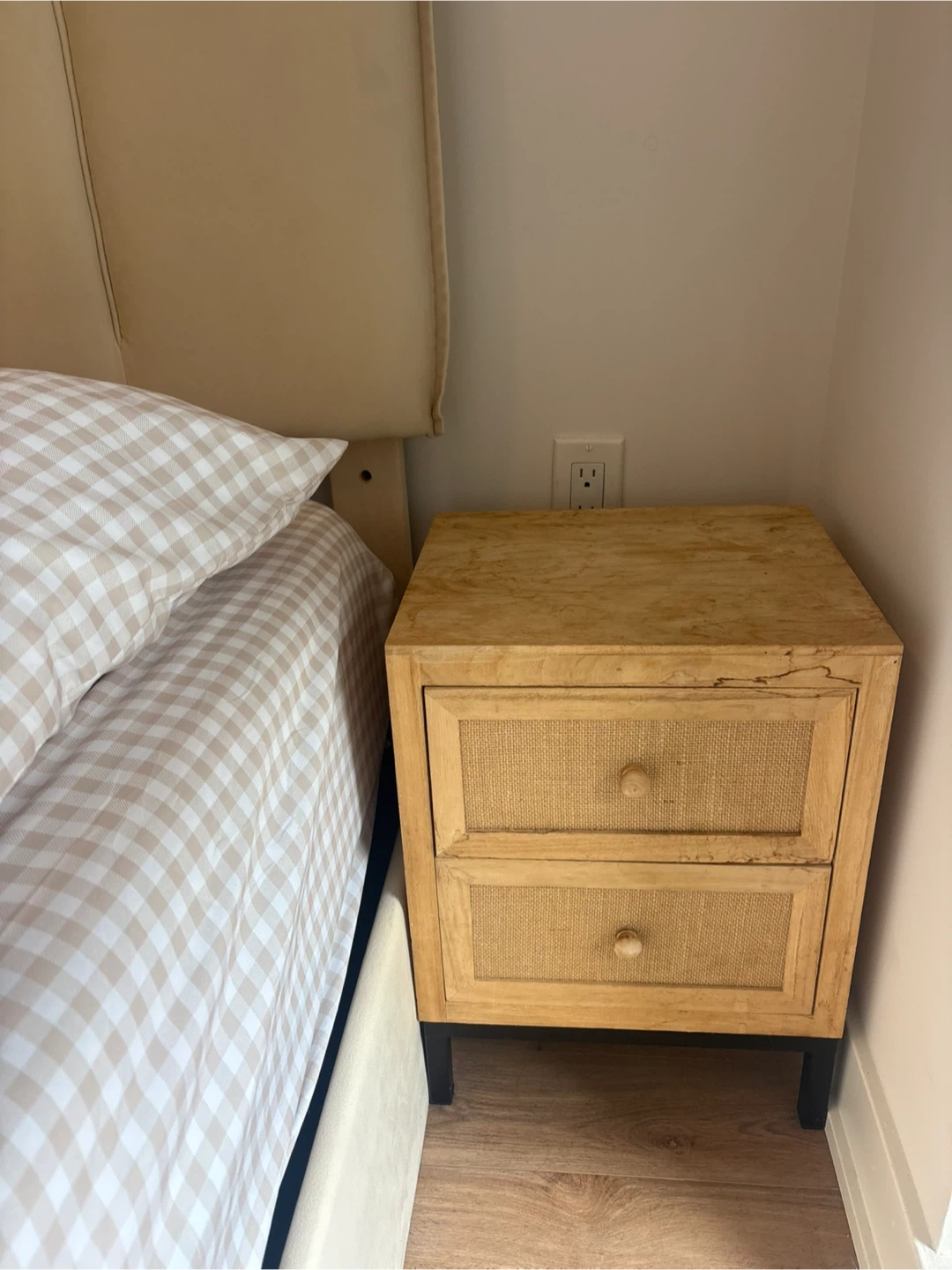 Wooden Nightstand with Rattan Inlay