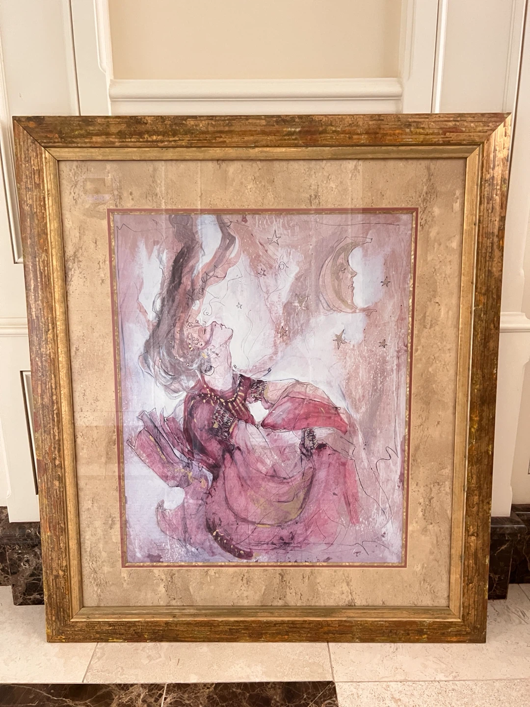 Framed Artwork of Woman with Moon and Stars
