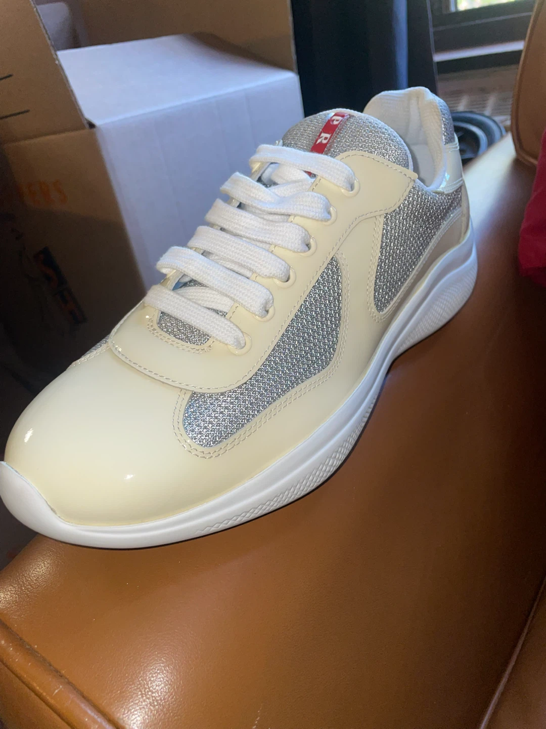 PRADA Cream & Silver Lace-Up Sneakers