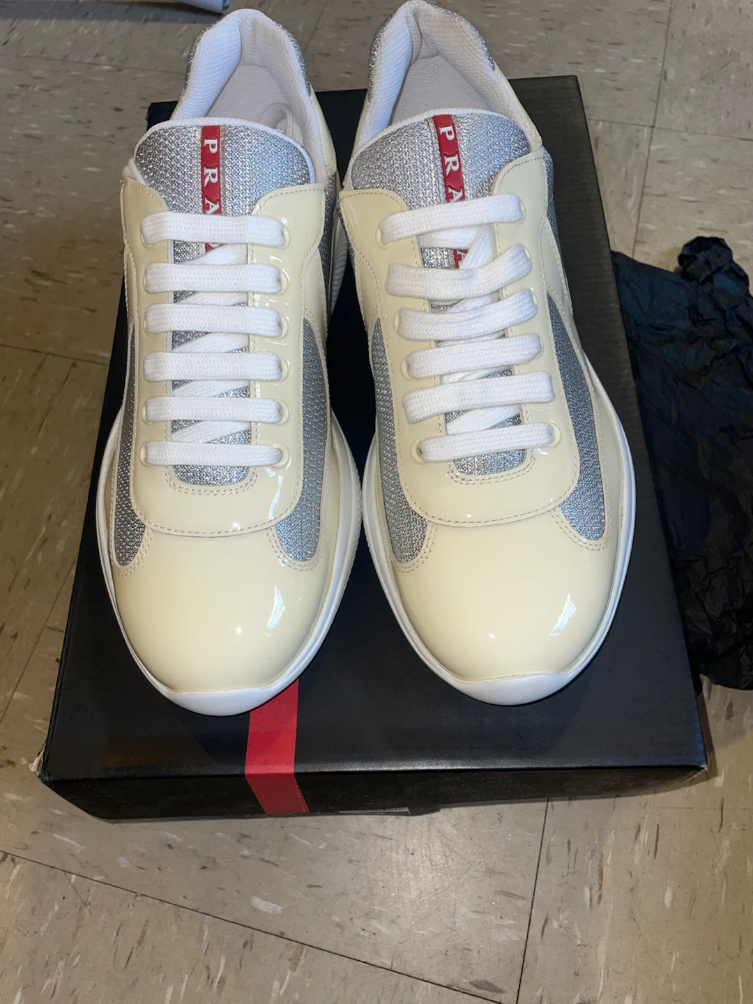 PRADA Cream & Silver Lace-Up Sneakers - photo 2