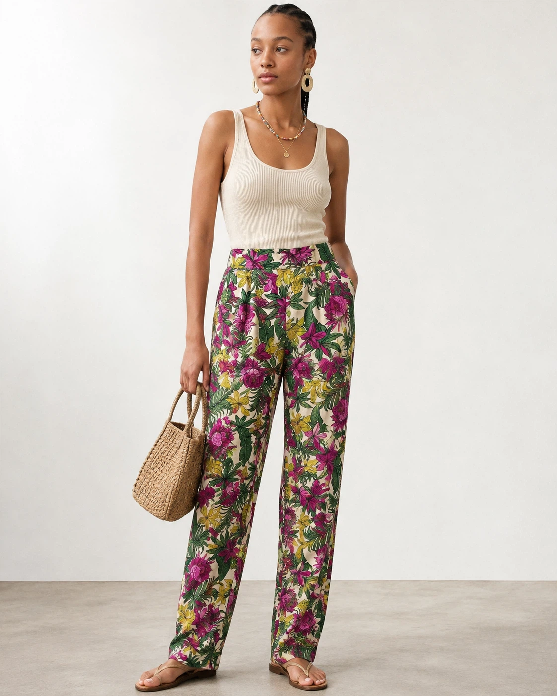 H&M High Waisted Tropical Floral Print Woven Pants