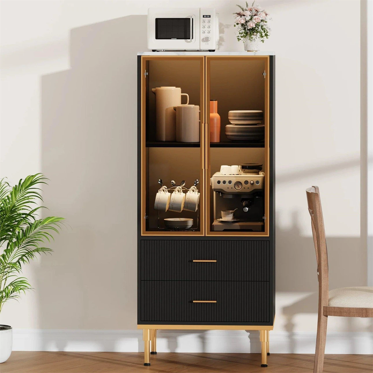 Black Cabinet with Gold Accents and Glass Doors