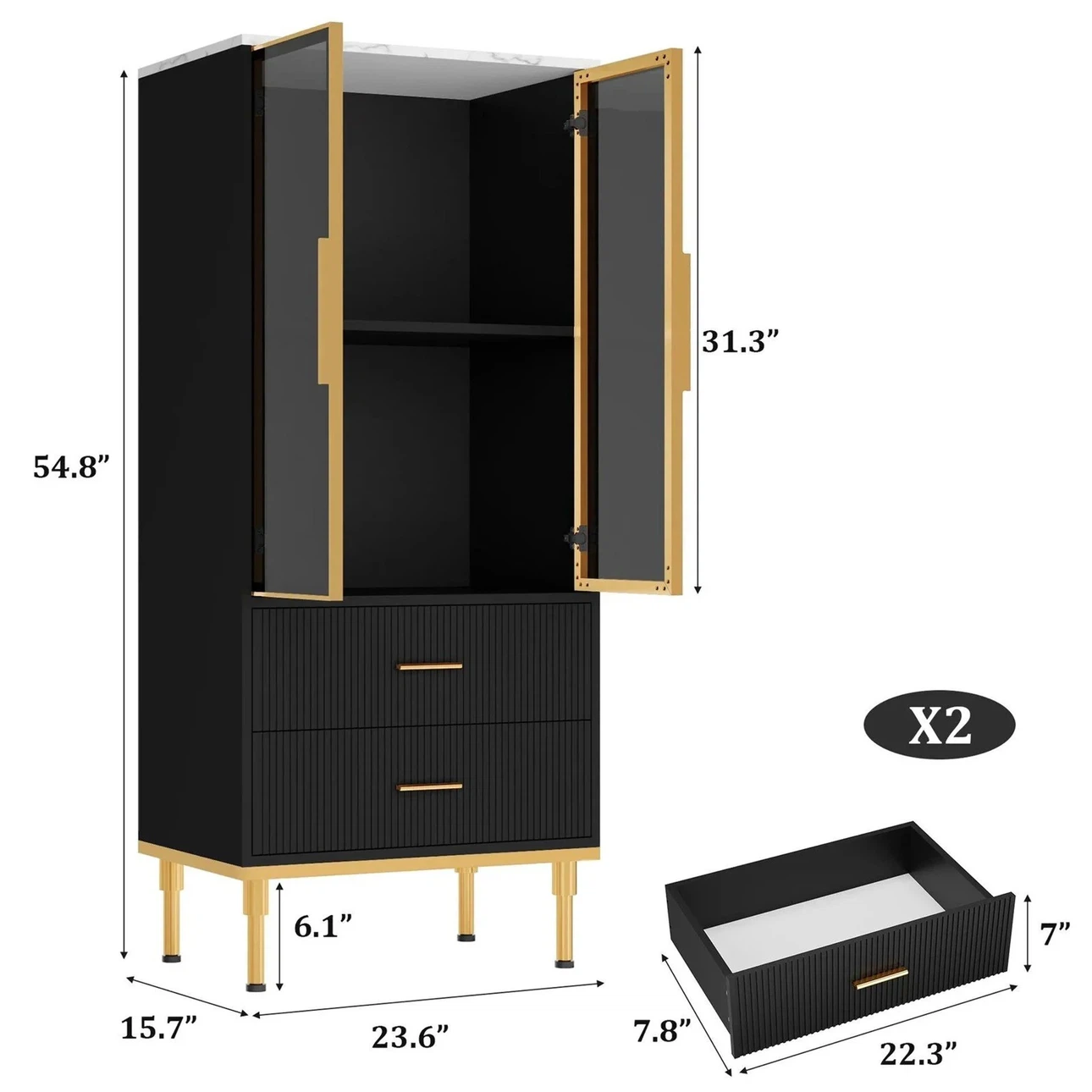 Black Cabinet with Gold Accents and Glass Doors - photo 2