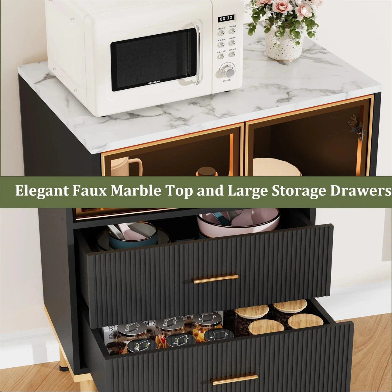 Black Cabinet with Gold Accents and Glass Doors - photo 3