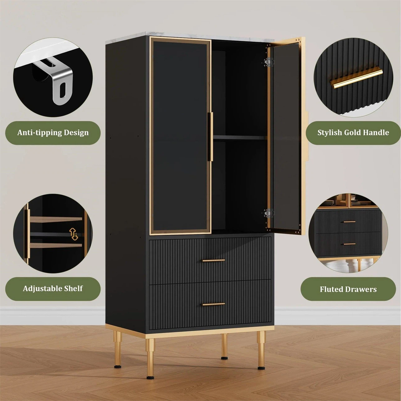 Black Cabinet with Gold Accents and Glass Doors - photo 4